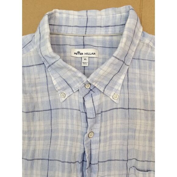 Peter Millar Linen Sport Shirt Men's XL Plaid Crown Sport Button Up Blue - Picture 13 of 13